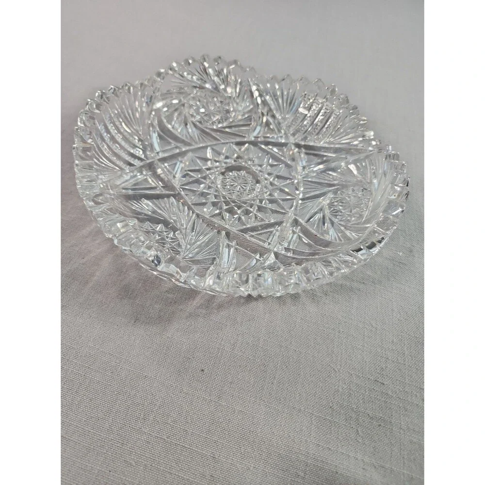 Vintage Cut Glass Round Serving Bowl 8” Pinwheel Starburst Sawtooth Rim